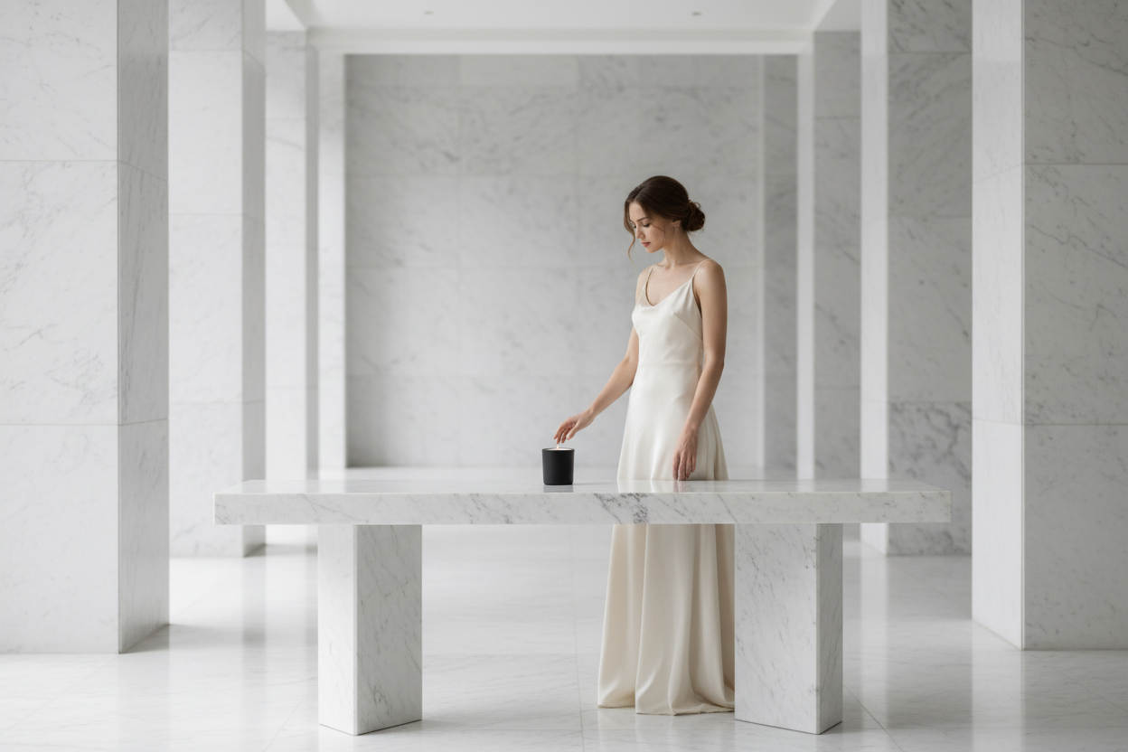 une bougie noir mat assez petite en pot dans un decor luxe blanc marbre avec une femme